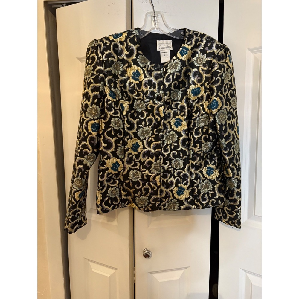 Scott McClintock for Pappagallo Black Metallic Floral Brocade Jacket Size 14 Mad